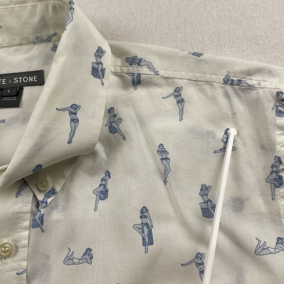 Slate & Stone Short Sleeve Button Up “Beach Girl” Shirt Print Cream-L - Picture 11 of 12